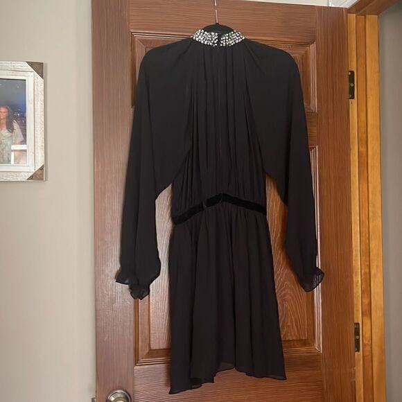 ASOS black chiffon dress with velvet waistband & diamond detail around neckline - Picture 5 of 9